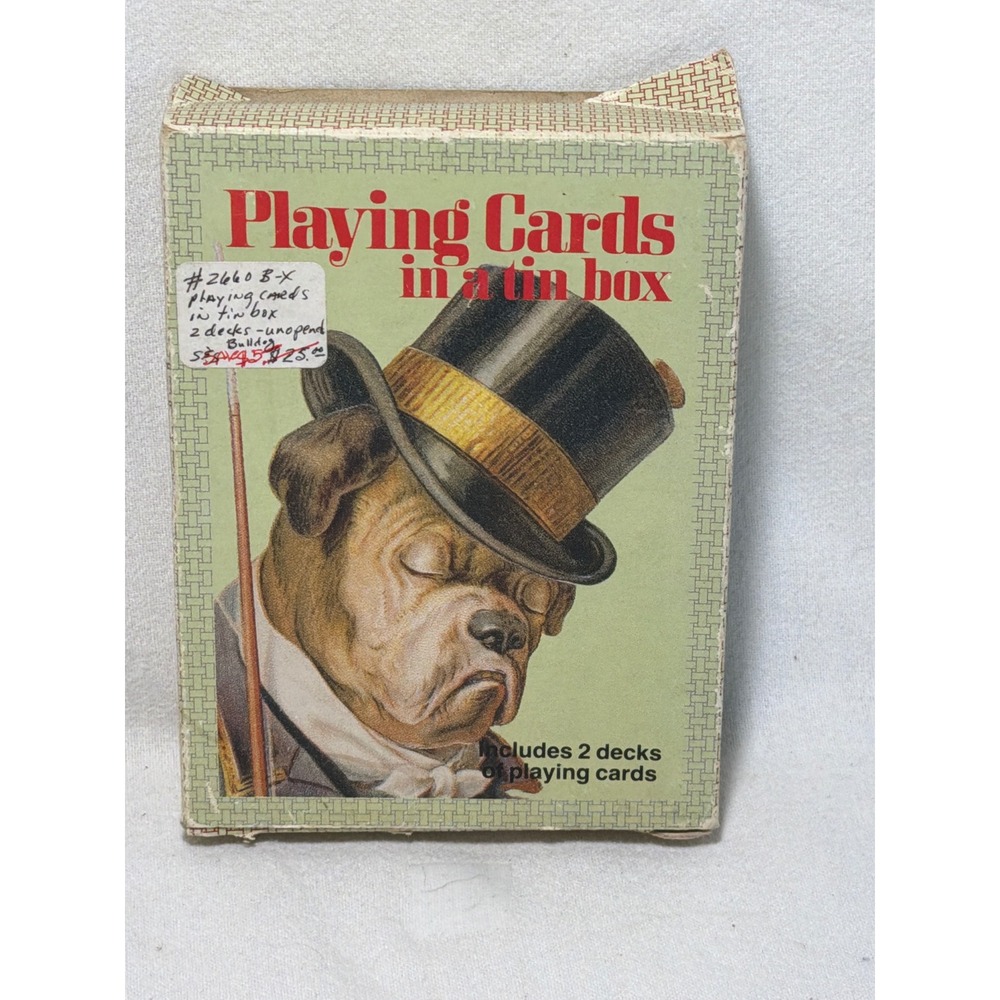 Vintage 1984 Enesco Bulldog Playing Cards in Tin Box 2 Decks, 1 Sealed 80039